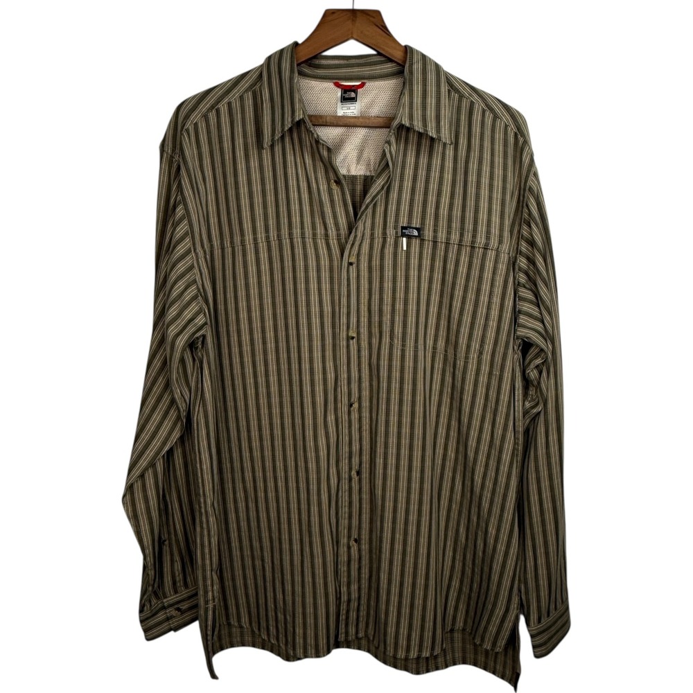VTG‎ The North Face Mens Long Sleeve Striped Button Down Shirt L G Brown Outdoor